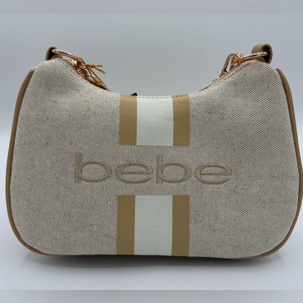 New Bebe Beige Canvas Shoulder Bag with White and Tan Stripes